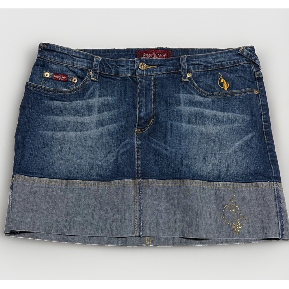 Baby Phat Denim Mini Skirt Womens 14 Rhinestone‎ Logo Y2K Style
